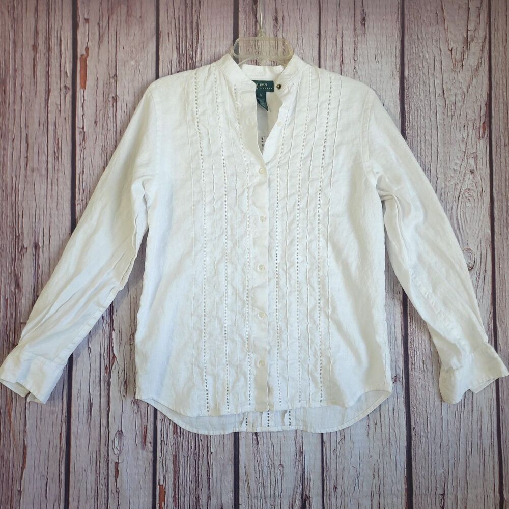 Ralph Lauren Vintage White Linen Blouse Band Collar Small Top Vertical Pintook